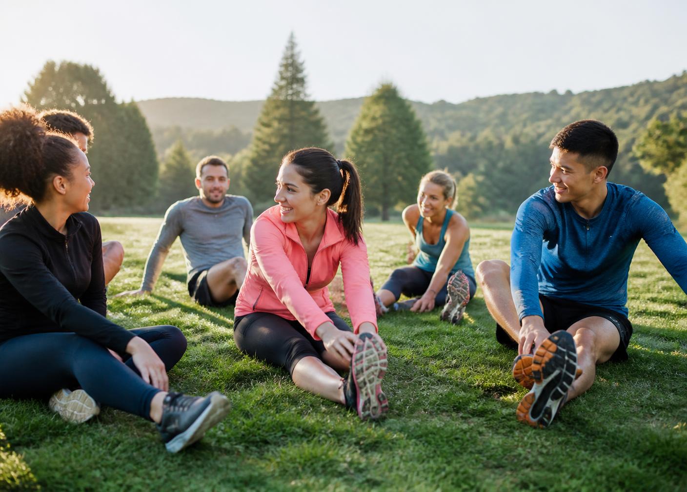 Group of active people stretching outdoors after a training session