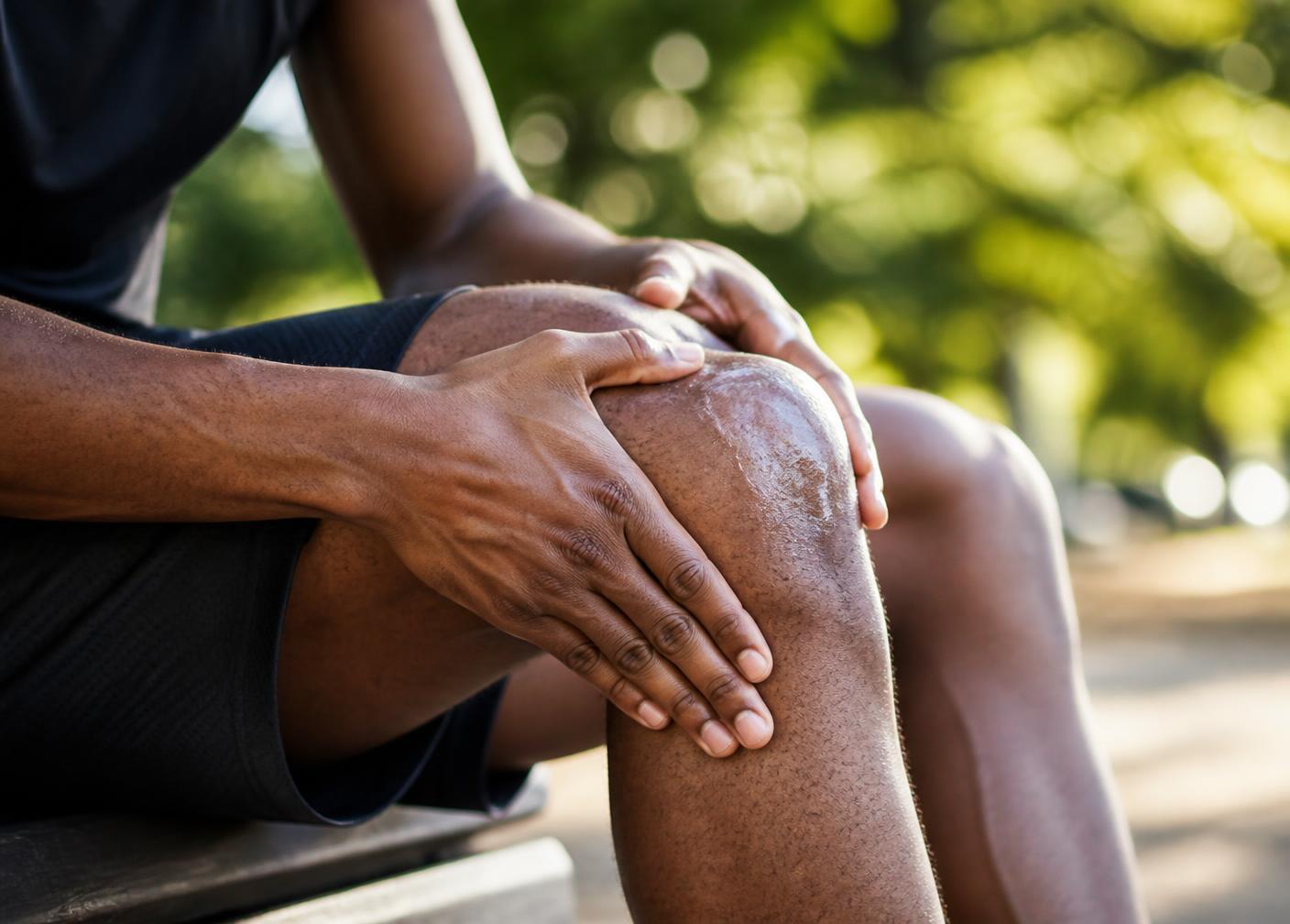Athlete massaging recovery gel into a knee after a workout outdoors