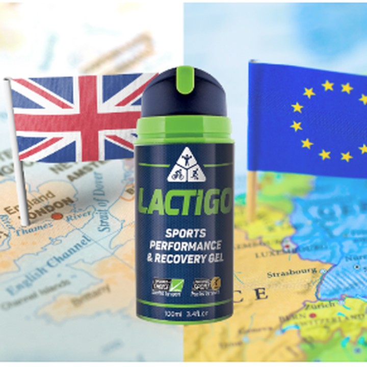 Carnosine gel with UK & Europe flags on a map