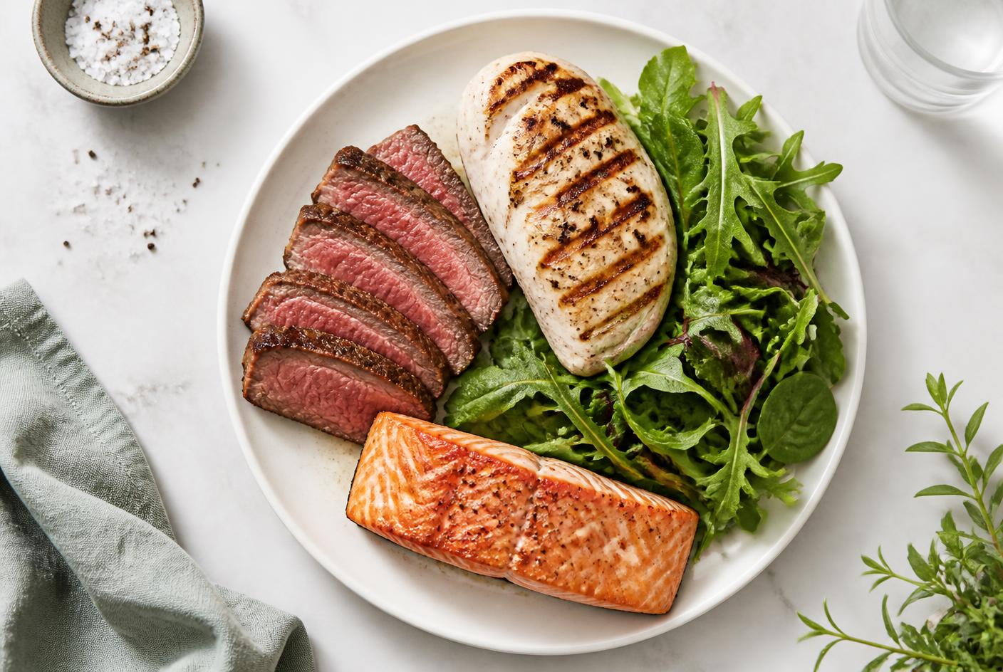 Plate of grilled chicken, beef and salmon with fresh salad leaves on a kitchen bench