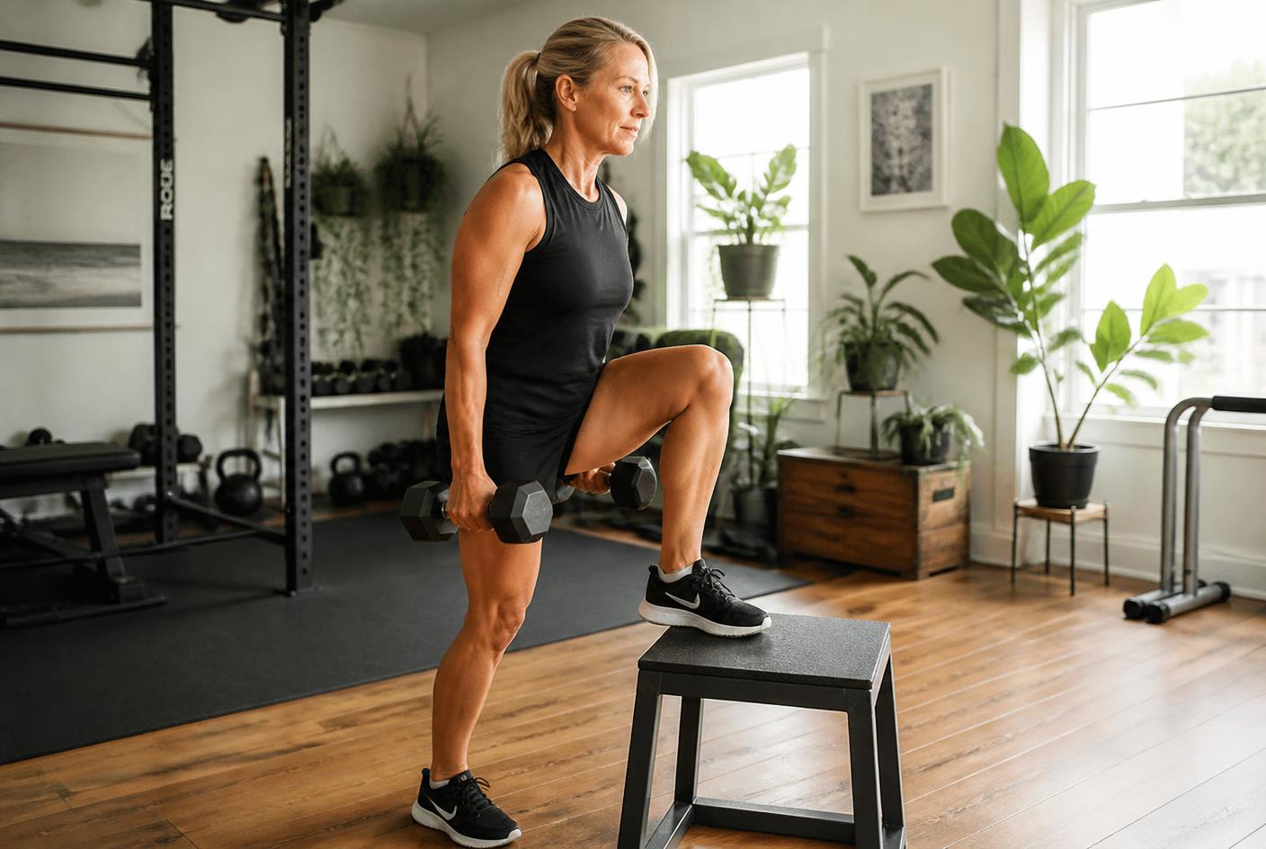 Woman in her fifties performing a controlled dumbbell step-up in a bright home gym