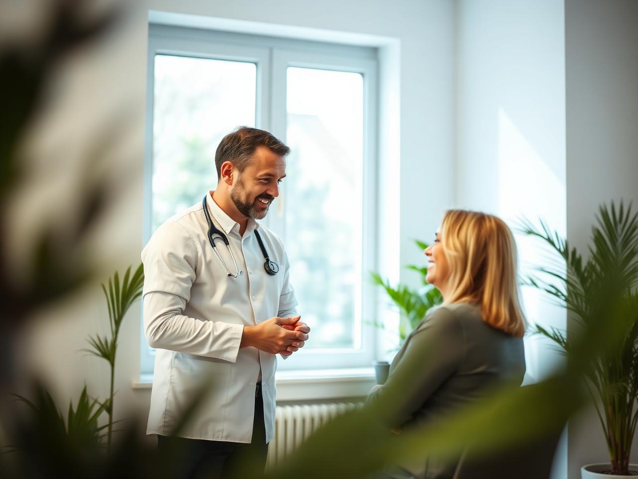 Practitioner discussing a recovery plan with a patient in a bright clinic