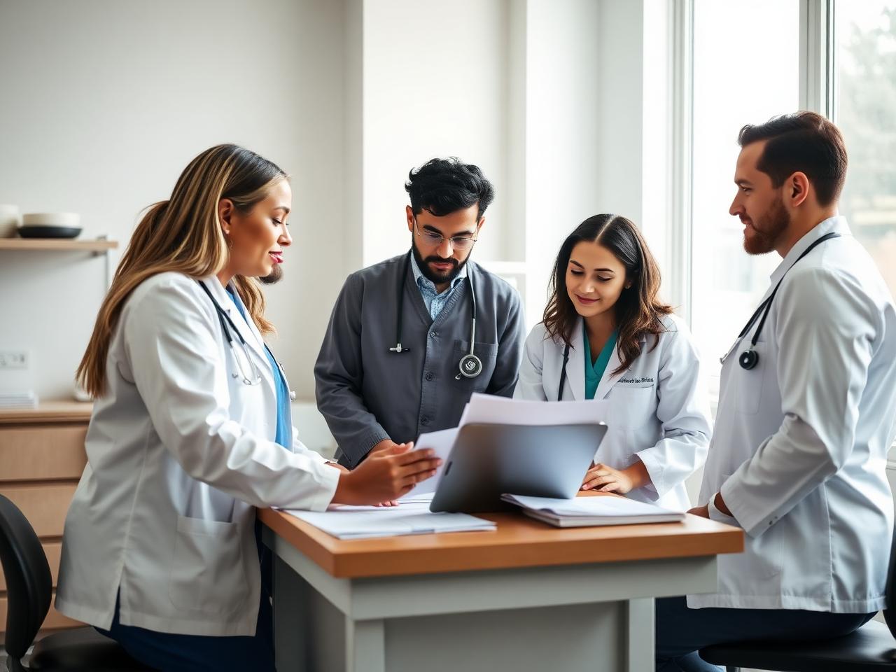 Group of practitioners reviewing patient notes together around a desk