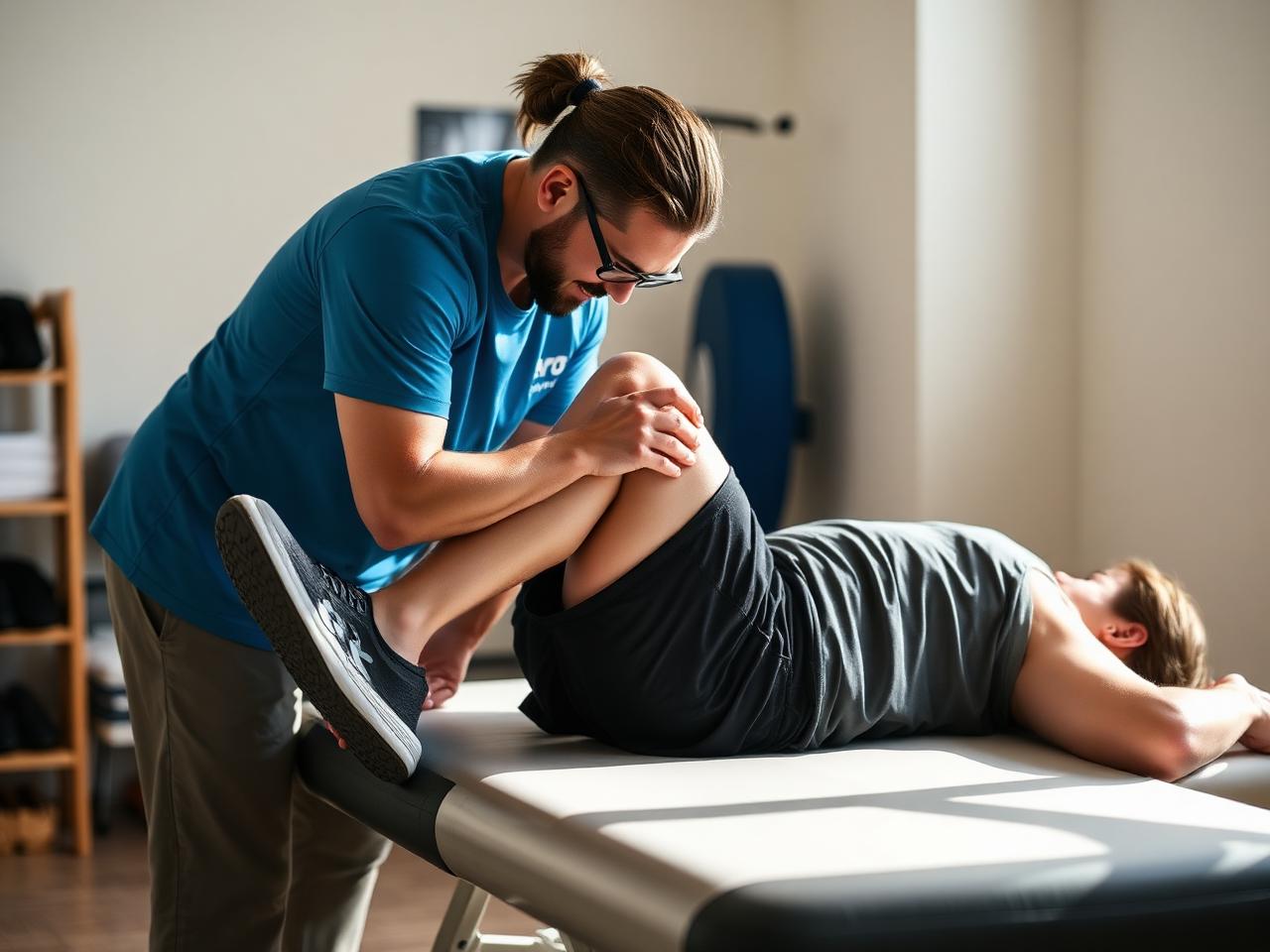 Sports practitioner treating an athlete's leg on a treatment table
