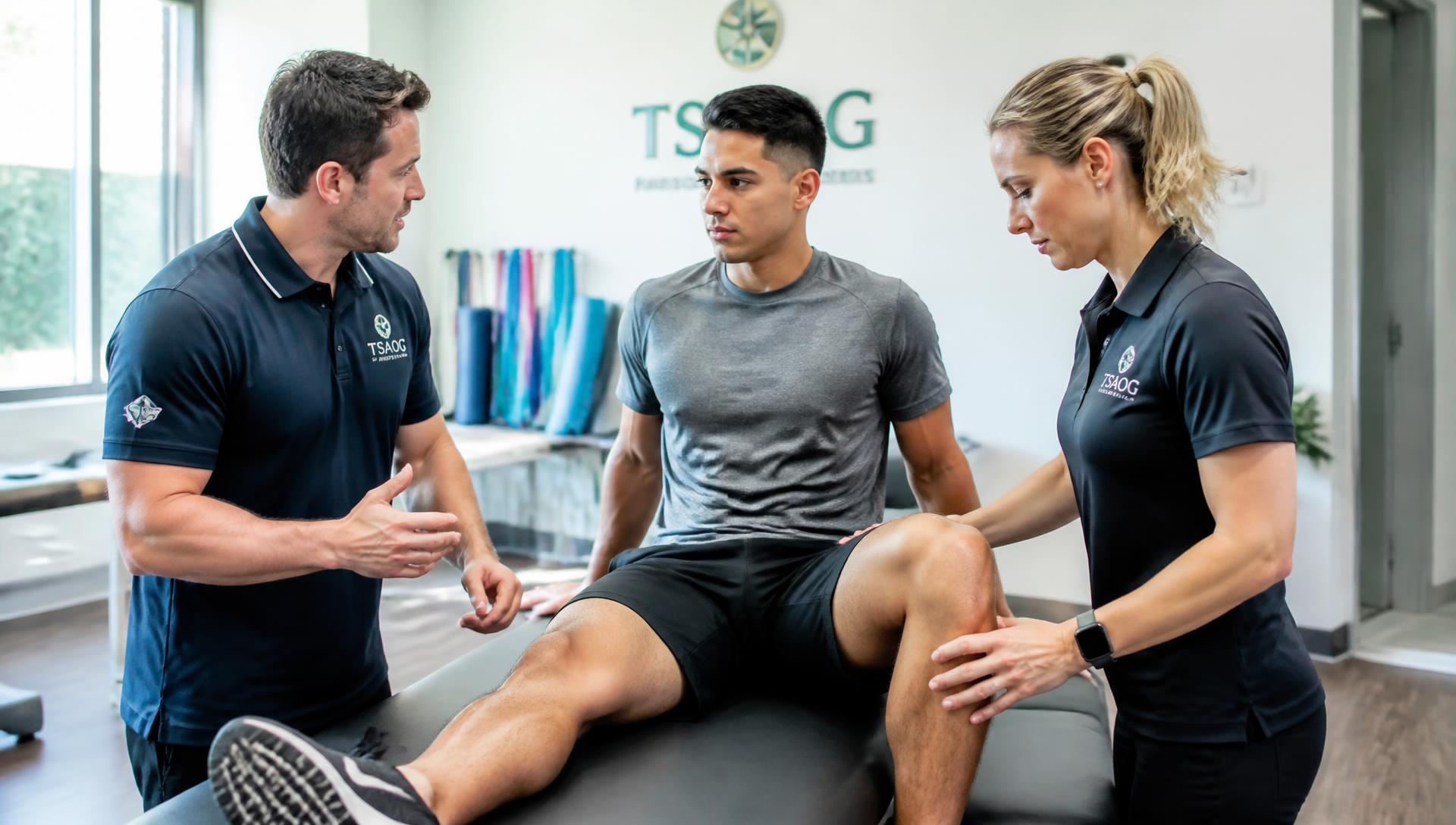 Health care practitioners working with an athlete in a modern clinic