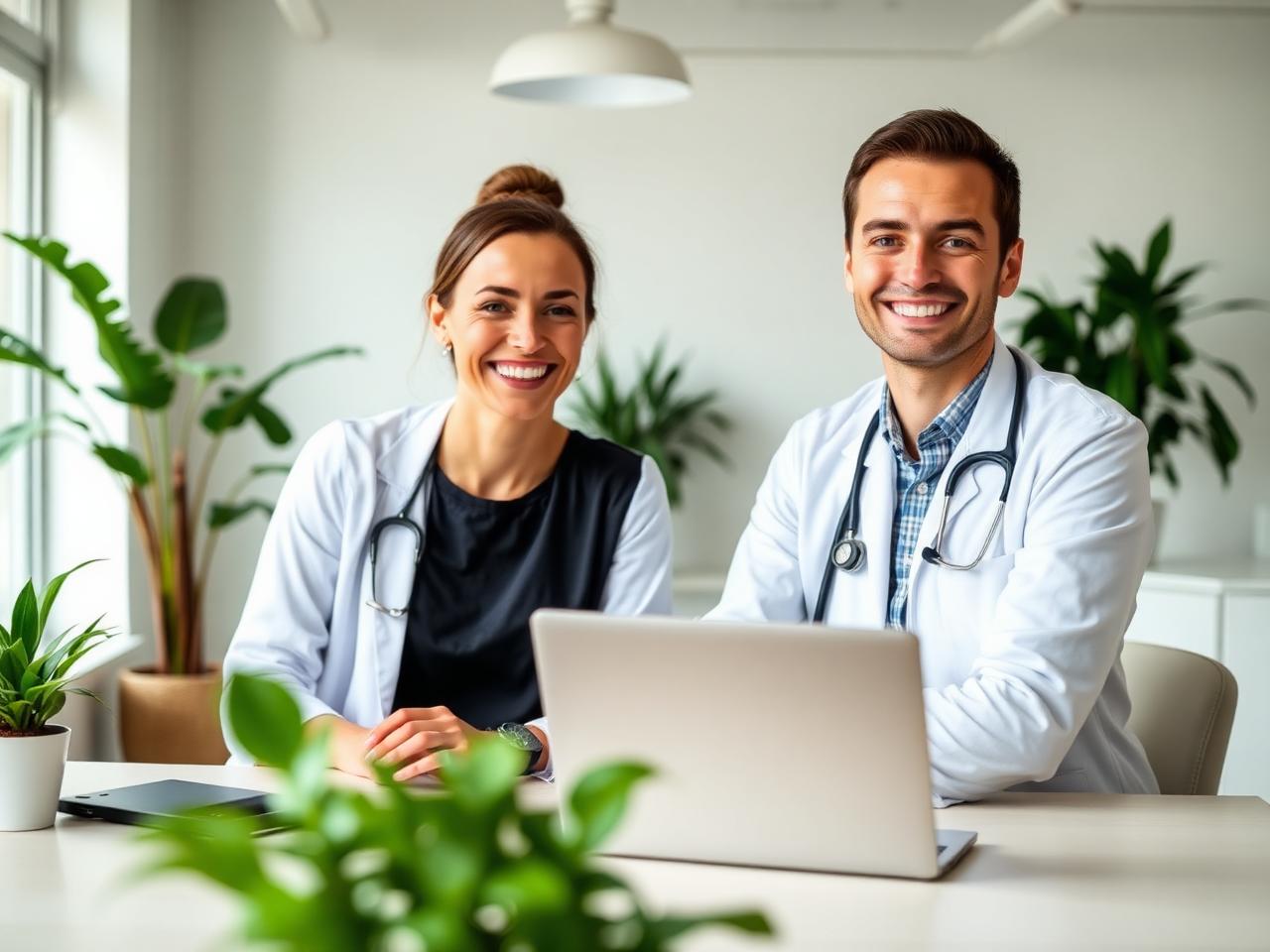 Two clinicians smiling at a laptop in a modern practice office